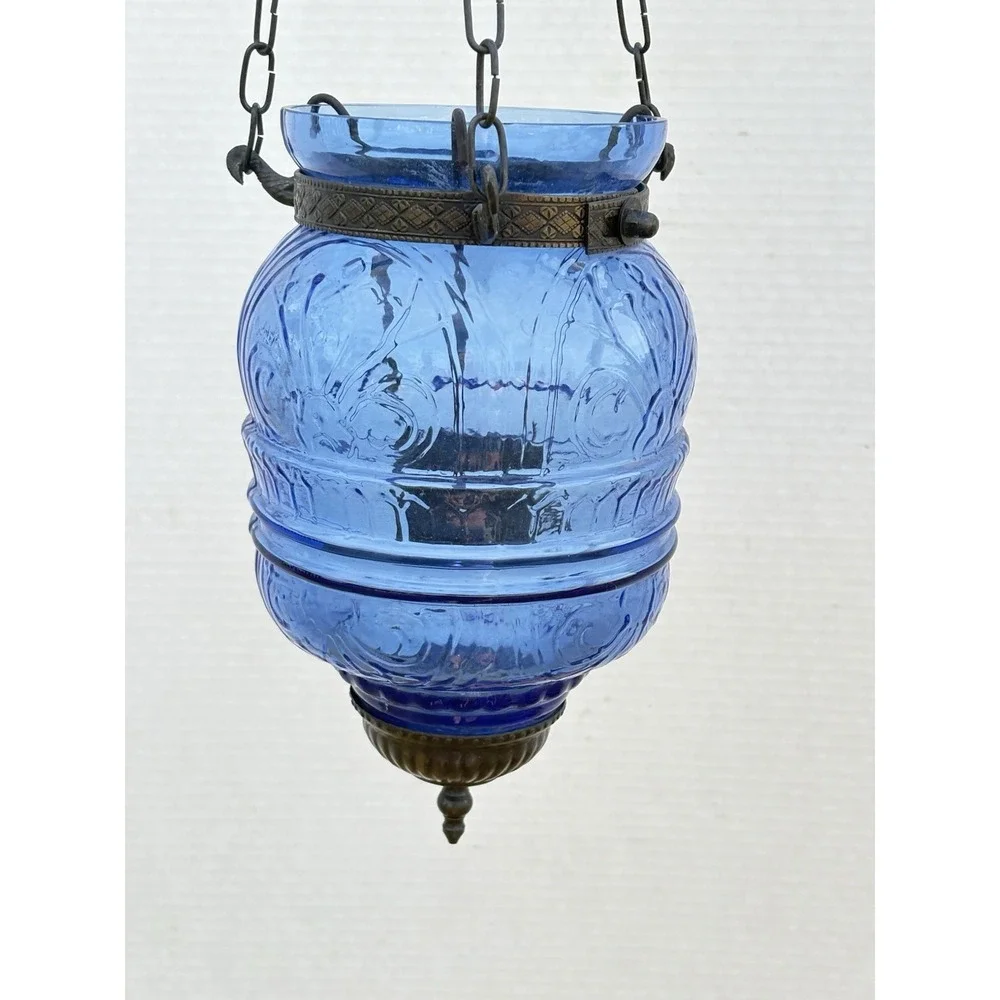 Antique hanging Blue Glass Bell Jar Candle Lantern ~ Pendant Bell